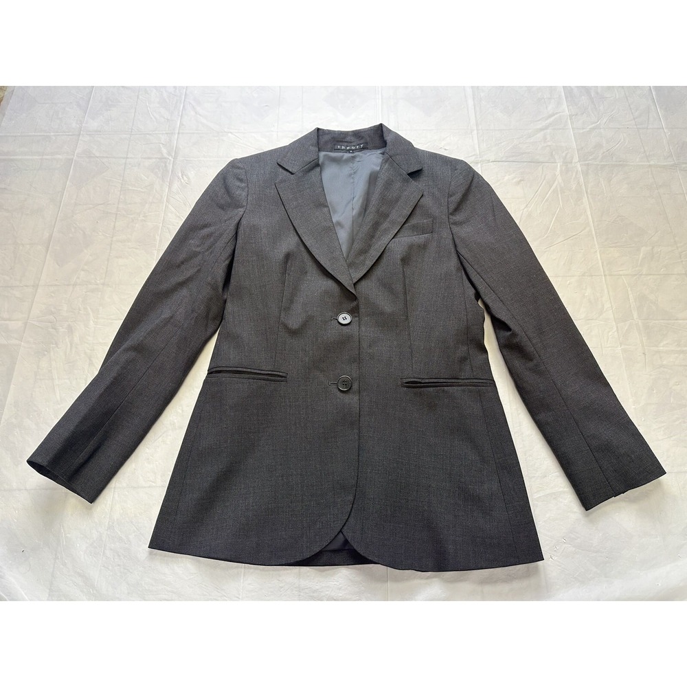 Theory Wool Gray 2 Button Suit Blazer Jacket Women's Size 2 EUC